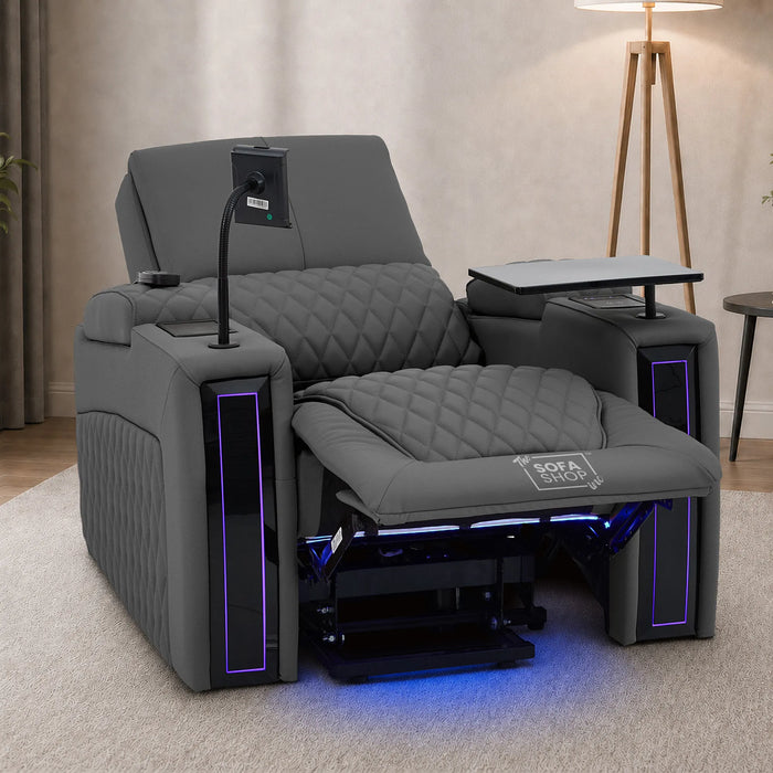 1 Seater Electric Recliner Riser Chair | Power Recline, Heated Lumbar & Massage, Cooling & Heating Cup Holders | Grey Real Leather Riser Armchair with Tray Tables | Assisi | The Sofa Shop