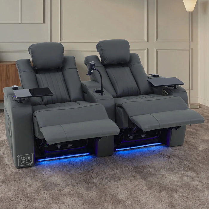 2 Seater Cinema Sofa in Grey Real Leather | Hi-Tech Console Couch with Massage & Heated Lumbar, Wireless Charging, Heat & Cool Cupholders, Bluetooth Speakers & Multi-Link | Capri | The Sofa Shop
