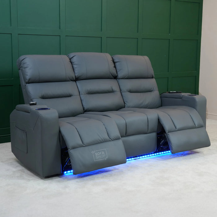 3 Seater Electric Recliner Cinema Sofa In Grey Leather | Table Stuck, Left Side Scuffed, No Ears | Siena | Second Hand Sofa 120