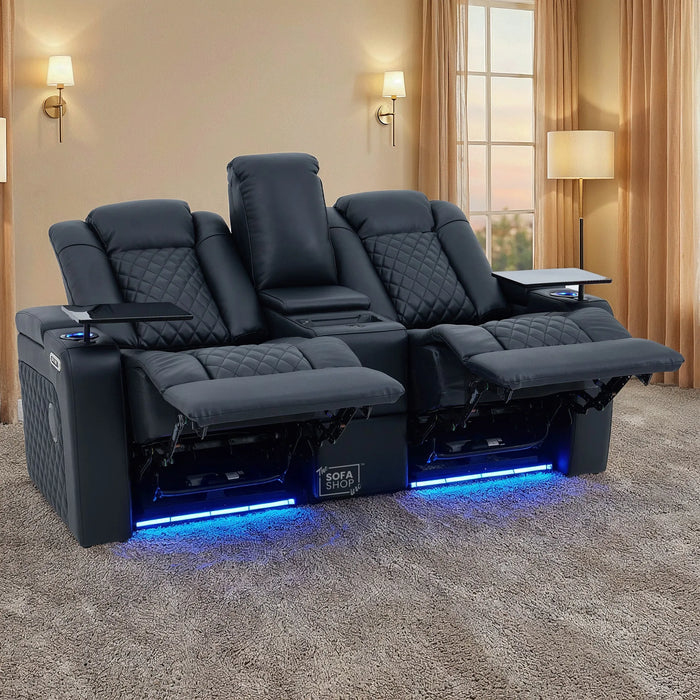 Black Real Leather 2 Seater Electric Recliner Cinema Sofa | Power Headrest, Speakers, Console, Wireless Charging & Cooling Cup Holders | Milano | The Sofa Shop