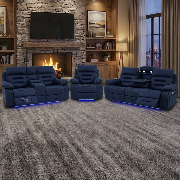 3+2+1  Electric Recliner Cinema Sofa Set in Blue Fabric | Hi-Tech Sofa Suite with Massage, Heated Lumbar, Bluetooth Speakers, Console & Wireless Charging | Tuscany | The Sofa Shop
