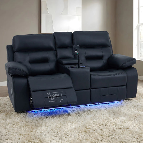 2 Seater Cinema Sofa in Black Genuine Leather | Hi-Tech Recliner Couch with Power Recline + Power Headrests + Sockets + Speakers + Cooling Cupholders | Sicily | The Sofa Shop