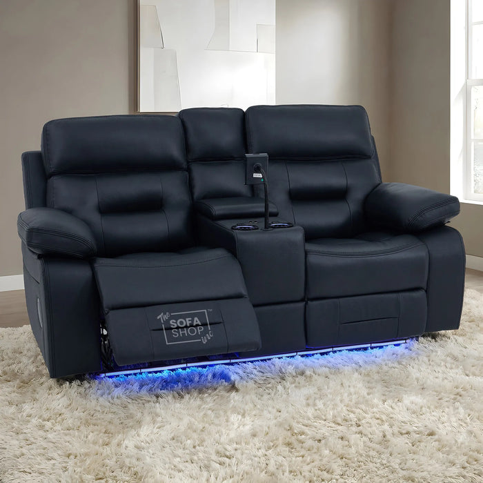 2 Seater Cinema Sofa in Black Genuine Leather | Hi-Tech Recliner Couch with Power Recline + Power Headrests + Sockets + Speakers + Cooling Cupholders | Sicily | The Sofa Shop