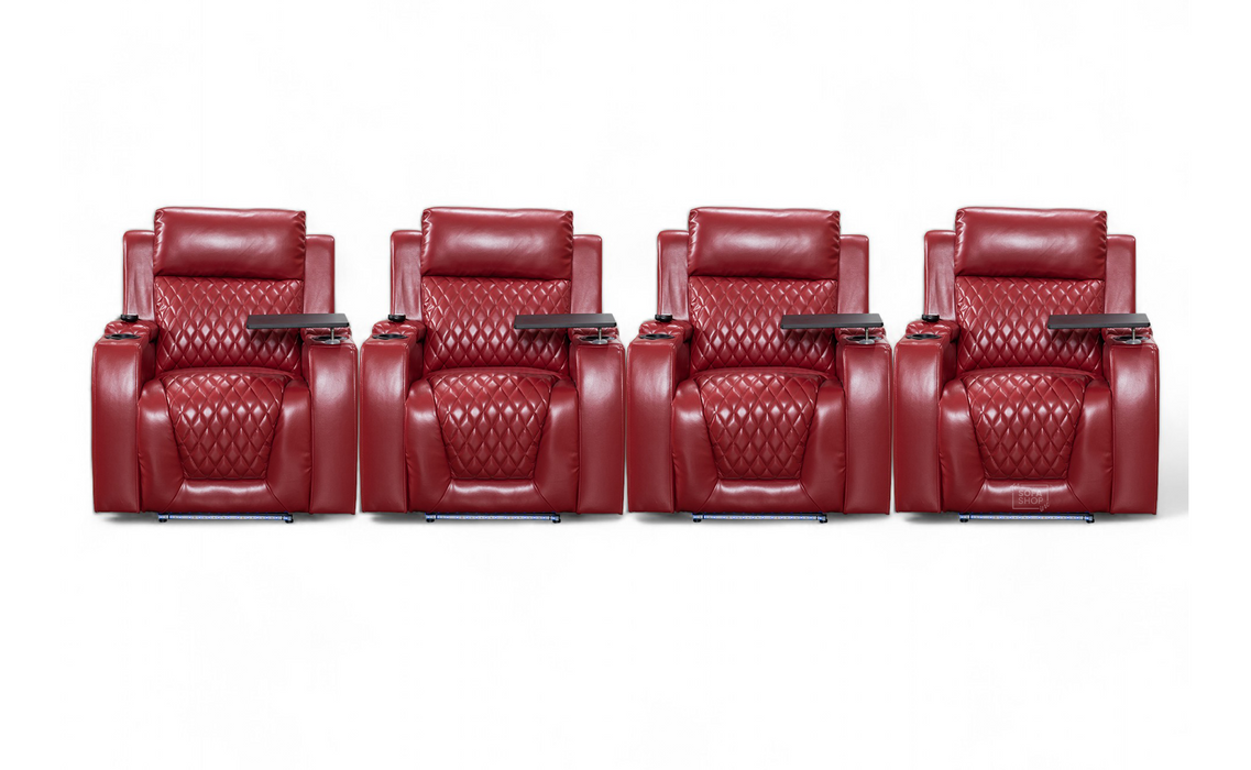 Row of 4 Electric Home Cinema Seats in Red Leather Aire, With Recliner, Massage Seats, USB, Lights, Storage Arms, Chilled Cupholders - Venice Series One