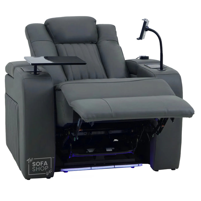 Electric Recliner Cinema Chair in Grey Genuine Leather | Hi-Tech Armchair With Massage, Heated Lumbar, Heating & Cooling Cup Holders & Power Headrest | Capri | The Sofa Shop