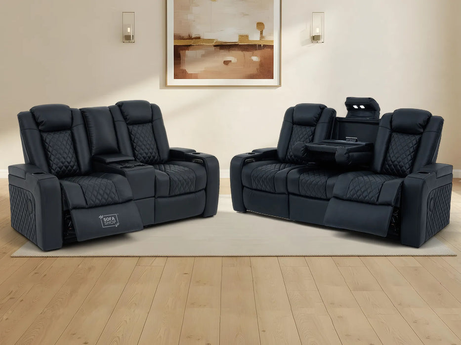 Real Leather 3+2 Cinema Sofa Set in Black | Electric Recliner Cinema Sofa Package | Power Lumbar + Wireless Charger + Adjustable Headrest + USB | Milano | The Sofa Shop