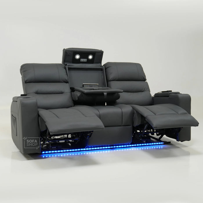 3 Seater Smart Grey Leather Sofa | High-Tech Recline Sofa With Drop-Down Table, USB Port, Vibration Massage | No Ears And Scuff On Corner | Siena | Second Hand Sofa SS02