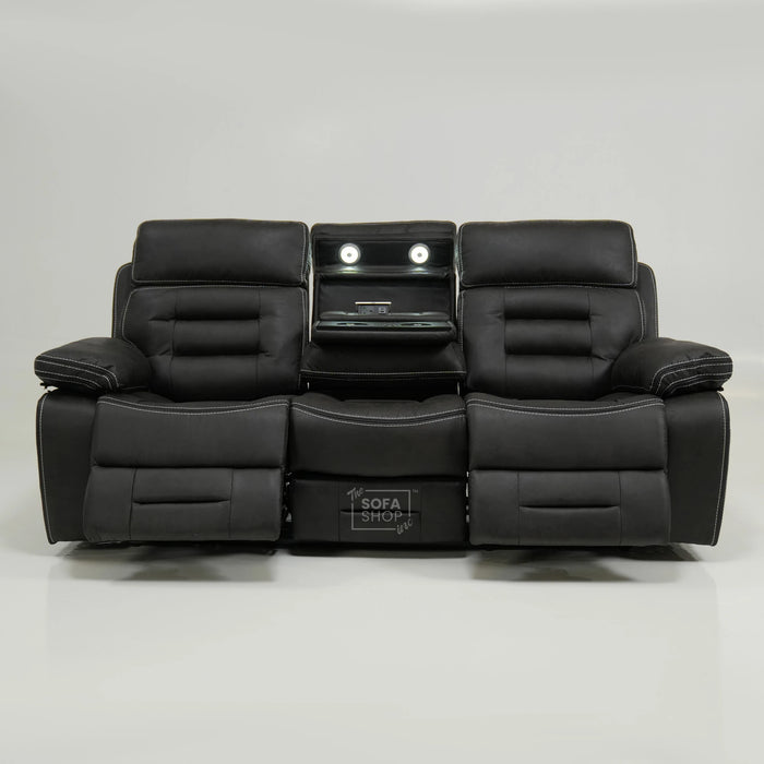 3 Seater Cinema Sofa in Black Velvet Fabric | Hi-Tech Cinema Sofa with Power Recline + Power Headrests + Wireless Charging + Speakers + Fold Down Table| Sample | Tuscany | The Sofa Shop