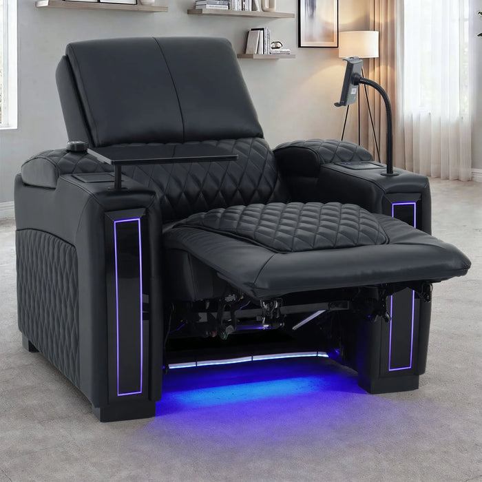 1 Seater Black Real Leather Electric Recliner Cinema Armchair | Hi-Tech Armchair With Vibration Massage & Heated Lumbar, Cooler Cup Holder, Power Grommet, Power Headrest | Assisi | The Sofa Shop