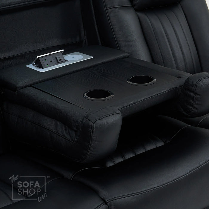 Cinema Sofa in Black Genuine Leather | Hi-Tech Cinema Sofa with Power Recline + Power Headrests + Sockets + Wireless Charging + Vibration Massage | Capri | The Sofa Shop