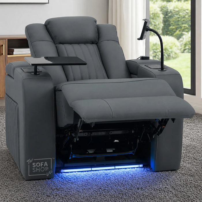 Electric Recliner Cinema Chair in Grey Genuine Leather | Hi-Tech Armchair With Massage, Heated Lumbar, Heating & Cooling Cup Holders & Power Headrest | Capri | The Sofa Shop