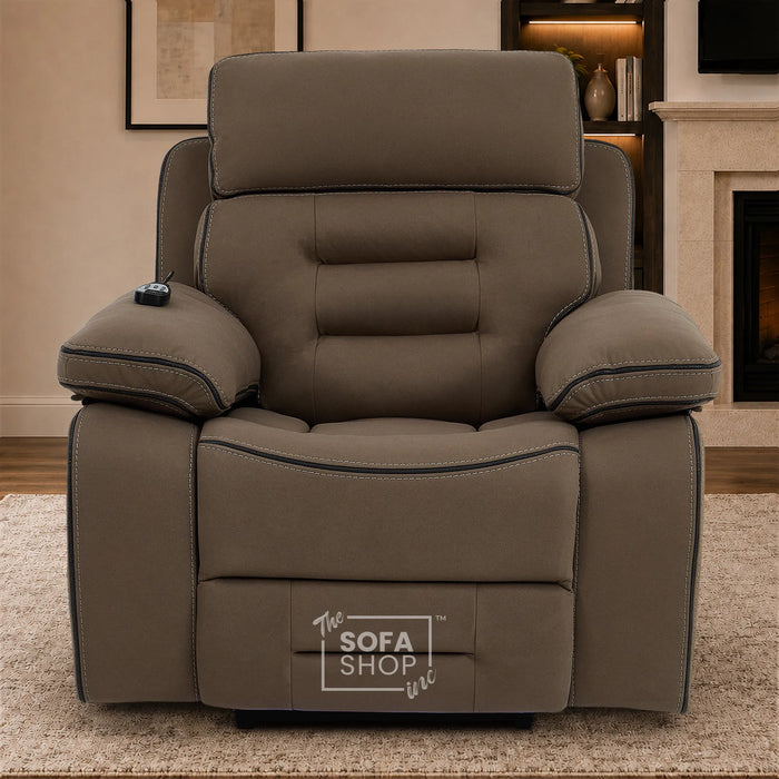 Electric Riser Chair In Mocha Brown Fabric | Hi-Tech Recliner Armchair With Vibration Massage + Heated Lumbar + Cooling Cup Holder + Power Headrest | Tuscany | The Sofa Shop