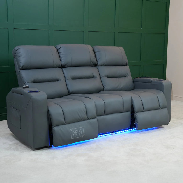 3 Seater Electric Recliner Cinema Sofa In Grey Leather | Table Stuck, Left Side Scuffed, No Ears | Siena | Second Hand Sofa 120