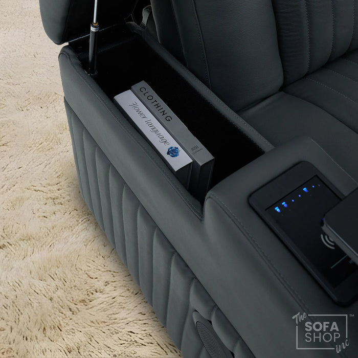 2 Seater Cinema Sofa in Grey Real Leather | Hi-Tech Console Couch with Massage & Heated Lumbar, Wireless Charging, Heat & Cool Cupholders, Bluetooth Speakers & Multi-Link | Capri | The Sofa Shop