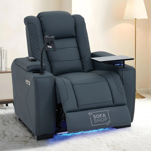 1 Seater Cinema Chair in Blue Genuine Leather | Hi-Tech Cinema Armchair with Power Recline + Power Headrest + Vibration Massage + Heated Lumbar+ Power Grommet | Napoli | The Sofa Shop
