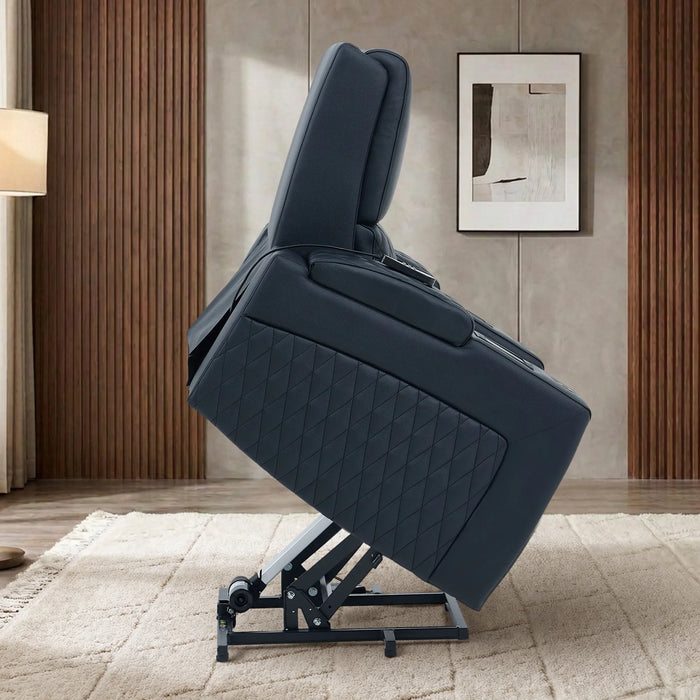 1 Seater Electric Dual Lift Riser Cinema Chair | Power Recline, Heated Lumbar + Massage & Cooling & Heating Cup Holders | Black Real Leather Riser Armchair with Tray Tables | Assisi | The Sofa Shop