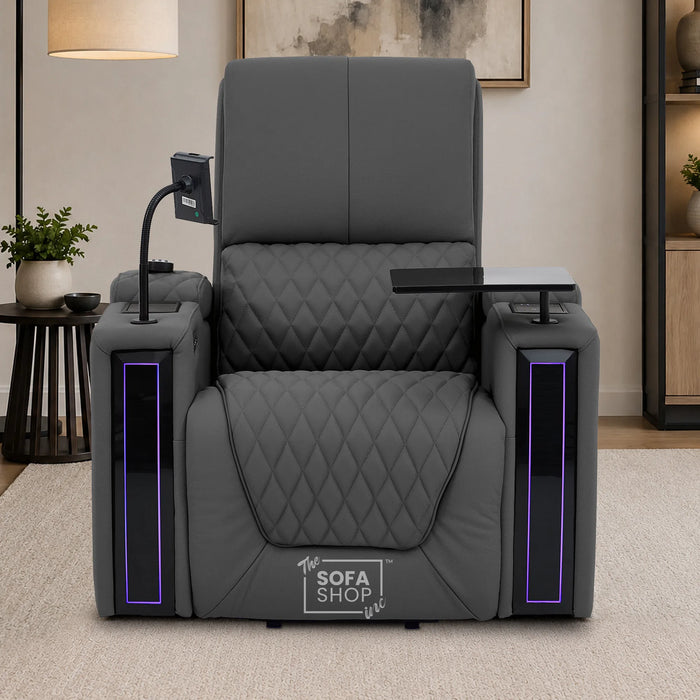1 Seater Electric Recliner Riser Chair | Power Recline, Heated Lumbar & Massage, Cooling & Heating Cup Holders | Grey Real Leather Riser Armchair with Tray Tables | Assisi | The Sofa Shop