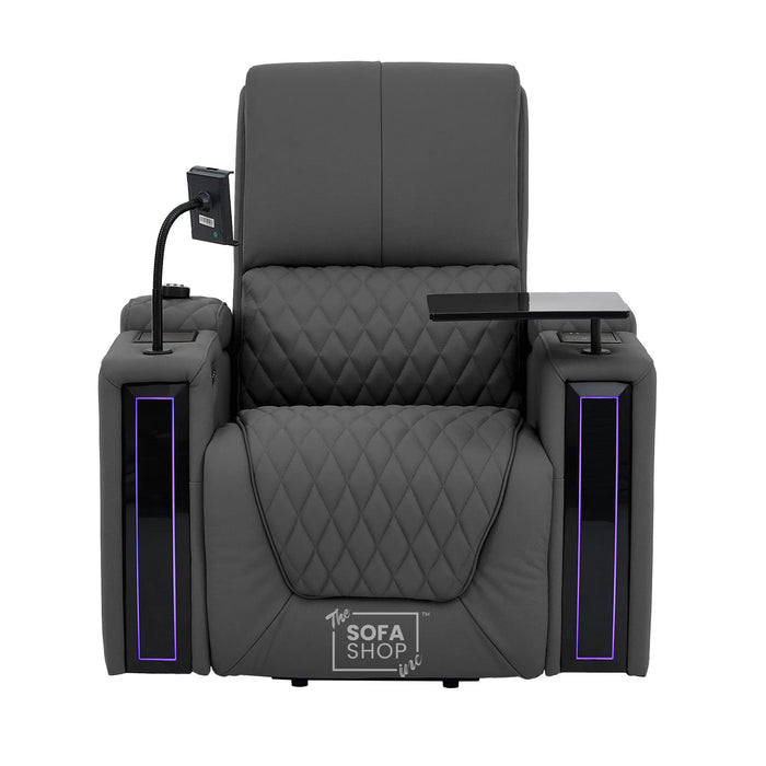 1 Seater Electric Recliner Riser Chair | Power Recline, Heated Lumbar & Massage, Cooling & Heating Cup Holders | Grey Real Leather Riser Armchair with Tray Tables | Assisi | The Sofa Shop