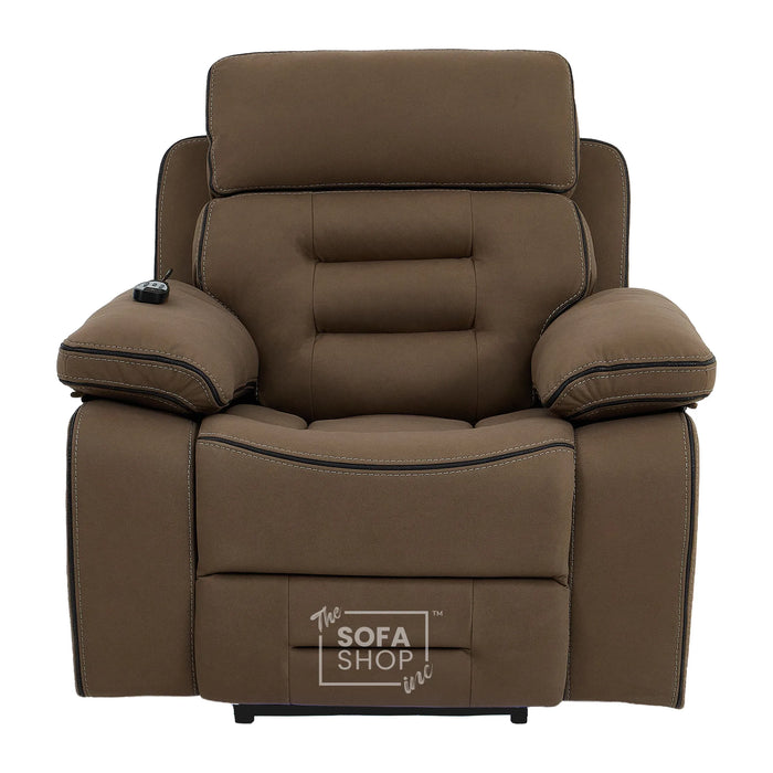 Electric Riser Chair In Mocha Brown Fabric | Hi-Tech Recliner Armchair With Vibration Massage + Heated Lumbar + Cooling Cup Holder + Power Headrest | Tuscany | The Sofa Shop