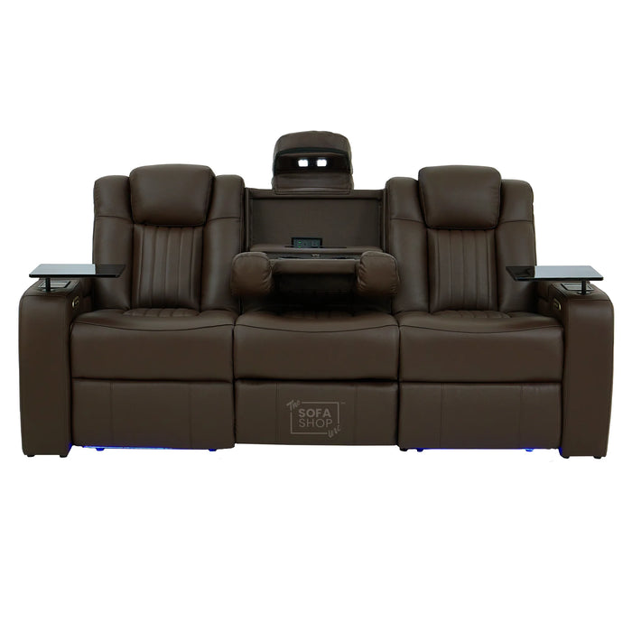 3 Seater Cinema Sofa in Brown Real Leather | Hi-Tech Cinema Sofa with Vibration Massage, Heated Lumbar, Bluetooth Speakers, Heating & Cooling Cupholders | Capri | The Sofa Shop