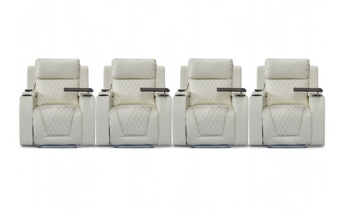 Row of 4 Electric Home Cinema Seats in Light Beige Leather Aire, With Recliner, Massage Seats, Removable Table, USB, Lights, Storage Arms - Venice Series One