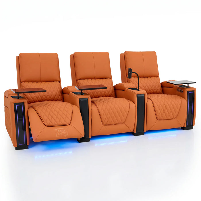 3 Seater Real Leather Electric Recliner Cinema Sofa in Orange | Hi-Tech Couch With Power Lumbar, Wireless Charging, USB+C, Cooling & Heating Cupholders | Assisi | The Sofa Shop