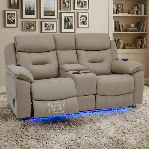 2 Seater Beige Fabric Electric Recliner Cinema Sofa | Hi-tech Recliner Couch With Massage Vibration, Heated Lumbar, Cooling & Heating Cupholders, Bluetooth & Multi-Link | Florence | The Sofa Shop