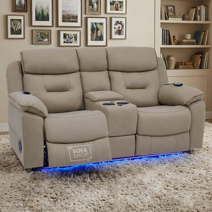 2 Seater Beige Fabric Electric Recliner Cinema Sofa | Hi-tech Recliner Couch With Massage Vibration, Heated Lumbar, Cooling & Heating Cupholders, Bluetooth & Multi-Link | Florence | The Sofa Shop