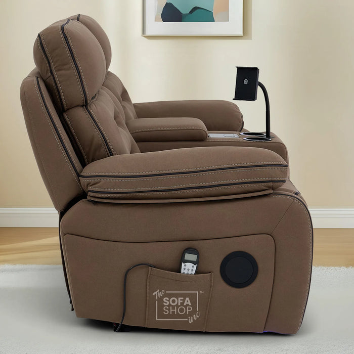 2 Seater Electric Recliner Cinema Sofa in Brown Fabric | Hi-Tech Sofa with 8-Point Massage, USB, Speakers, Power Headrest, Storage & Chilled Cup Holders | Tuscany | The Sofa Shop