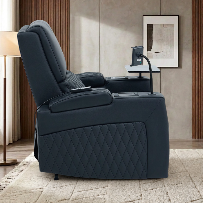 1 Seater Electric Dual Lift Riser Cinema Chair | Power Recline, Heated Lumbar + Massage & Cooling & Heating Cup Holders | Black Real Leather Riser Armchair with Tray Tables | Assisi | The Sofa Shop