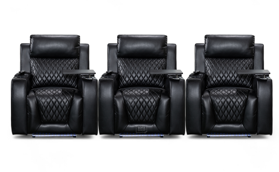 Row of 3 Electric Home Cinema Seats in Black Leather Aire, With Recliner, Massage Seats, Removable Table, USB, Lights & Chilled Cupholders - Venice Series One