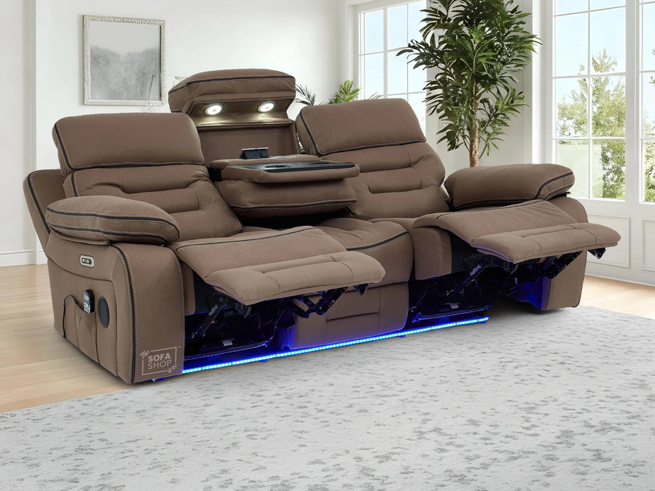 3 Seater Electric Recliner Cinema Sofa in Brown Fabric | Hi-Tech Sofa With Massage, Fold-Down Table, Bluetooth Speakers, LED Lights & Power Headrest | Tuscany | The Sofa Shop