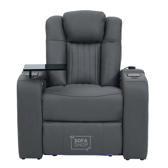 Electric Recliner Cinema Chair in Grey Genuine Leather | Hi-Tech Armchair With Massage, Heated Lumbar, Heating & Cooling Cup Holders & Power Headrest | Capri | The Sofa Shop