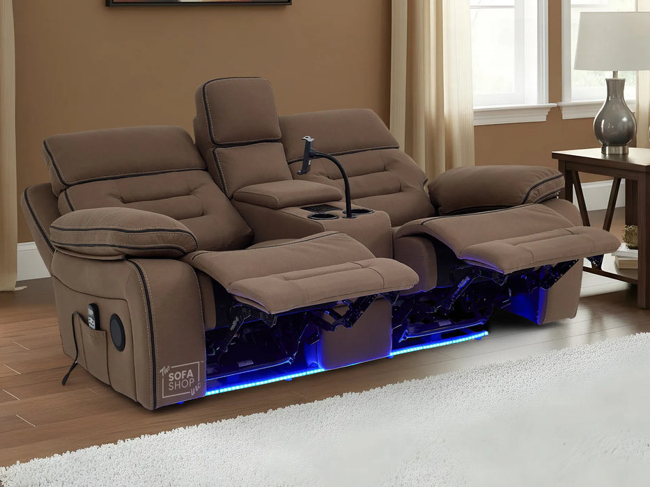 2 Seater Electric Recliner Cinema Sofa in Brown Fabric | Hi-Tech Sofa with 8-Point Massage, USB, Speakers, Power Headrest, Storage & Chilled Cup Holders | Tuscany | The Sofa Shop
