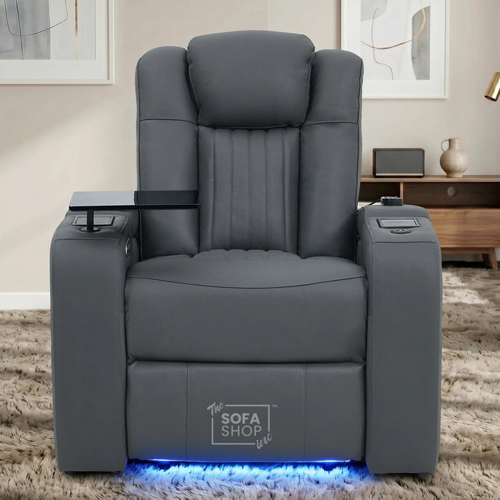 Electric Recliner Cinema Chair in Grey Genuine Leather | Hi-Tech Armchair With Massage, Heated Lumbar, Heating & Cooling Cup Holders & Power Headrest | Capri | The Sofa Shop