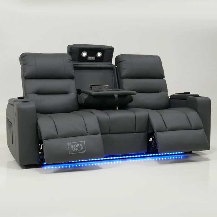 3 Seater Smart Grey Leather Sofa | High-Tech Recline Sofa With Drop-Down Table, USB Port, Vibration Massage | No Ears And Scuff On Corner | Siena | Second Hand Sofa SS02
