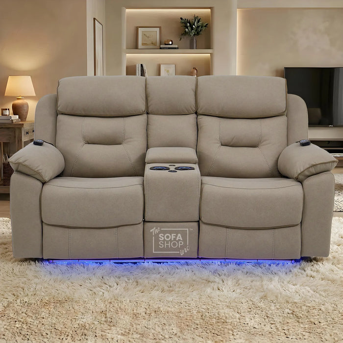 2 Seater Beige Fabric Electric Recliner Cinema Sofa | Hi-tech Recliner Couch With Massage Vibration, Heated Lumbar, Cooling & Heating Cupholders, Bluetooth & Multi-Link | Florence | The Sofa Shop