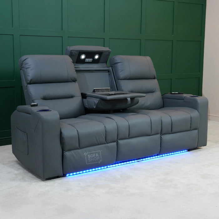 3 Seater Electric Recliner Cinema Sofa In Grey Leather | Table Stuck, Left Side Scuffed, No Ears | Siena | Second Hand Sofa 120