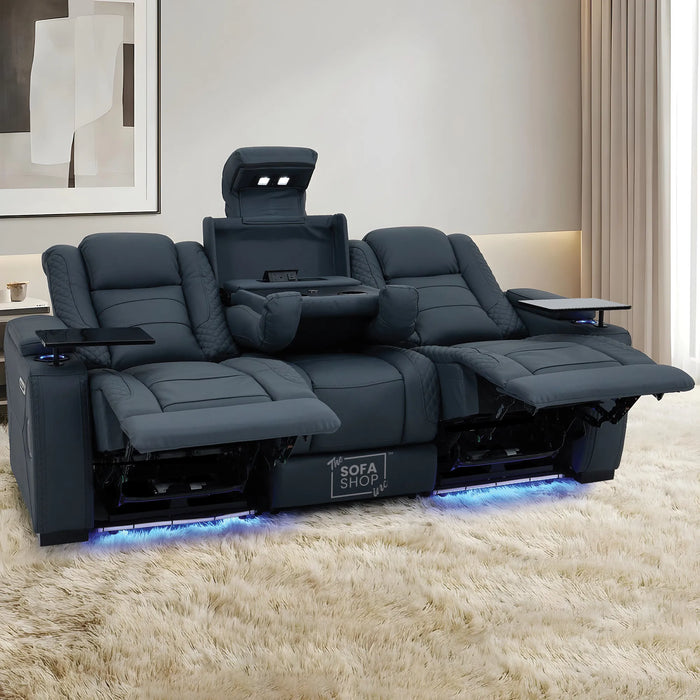 3 Seater Cinema Sofa in Blue Genuine Leather | Hi-Tech Cinema Sofa with Power Recline + Power Headrests + Vibration + Sockets + Base Storage | Napoli | The Sofa Shop