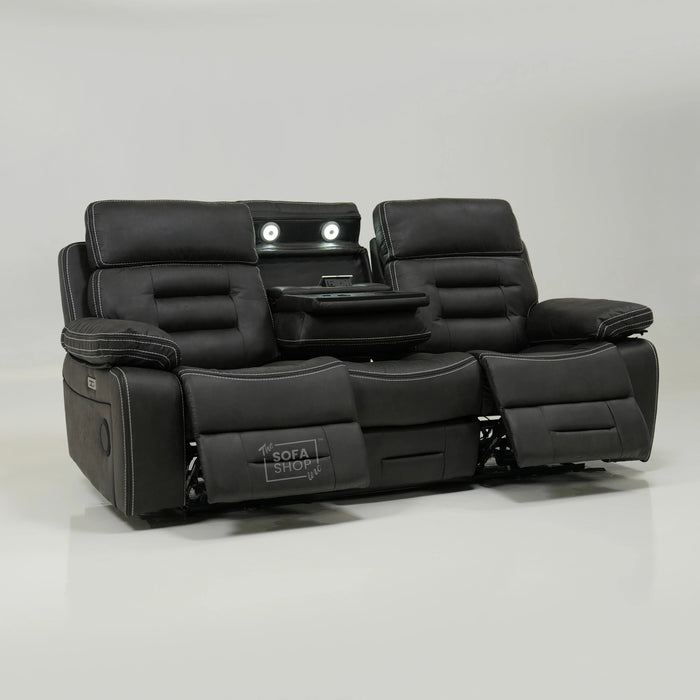 3 Seater Cinema Sofa in Black Velvet Fabric | Hi-Tech Cinema Sofa with Power Recline + Power Headrests + Wireless Charging + Speakers + Fold Down Table| Sample | Tuscany | The Sofa Shop
