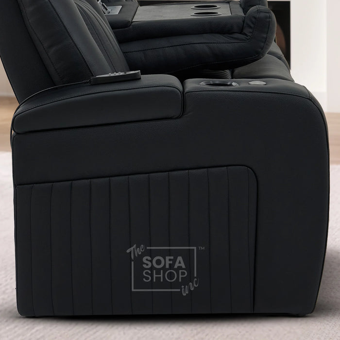 Cinema Sofa in Black Genuine Leather | Hi-Tech Cinema Sofa with Power Recline + Power Headrests + Sockets + Wireless Charging + Vibration Massage | Capri | The Sofa Shop