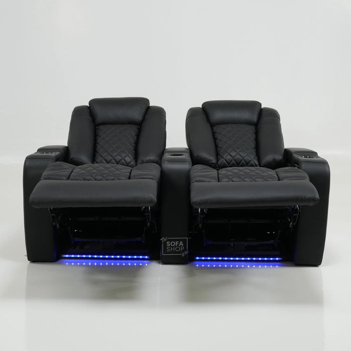 2 Seater Cinema Sofa in Black Real Leather | Hi-Tech Console Couch with Power Recline + Power Headrests + Console Storage + Cup Holders + LED Base Light | Sample |Milano | The Sofa Shop