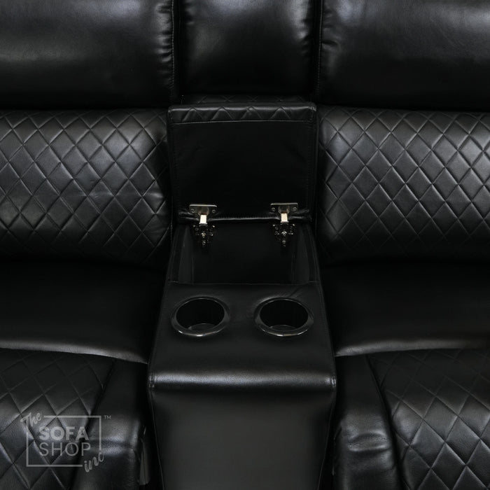 3 Seater Black Leather Smart Recliner With Massage & Tray Tables | Cupholder LED Not Working | Venice | Ex-Display