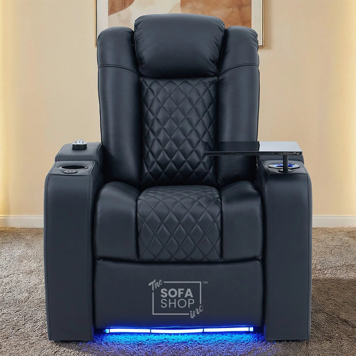 1 Seater Black Real Leather Electric Recliner Cinema Chair | Vibration Massage + Heating Lumbar + Power Headrest + Heating, Cooling & Heat Cup Holder & Power Grommet | Milano | The Sofa Shop
