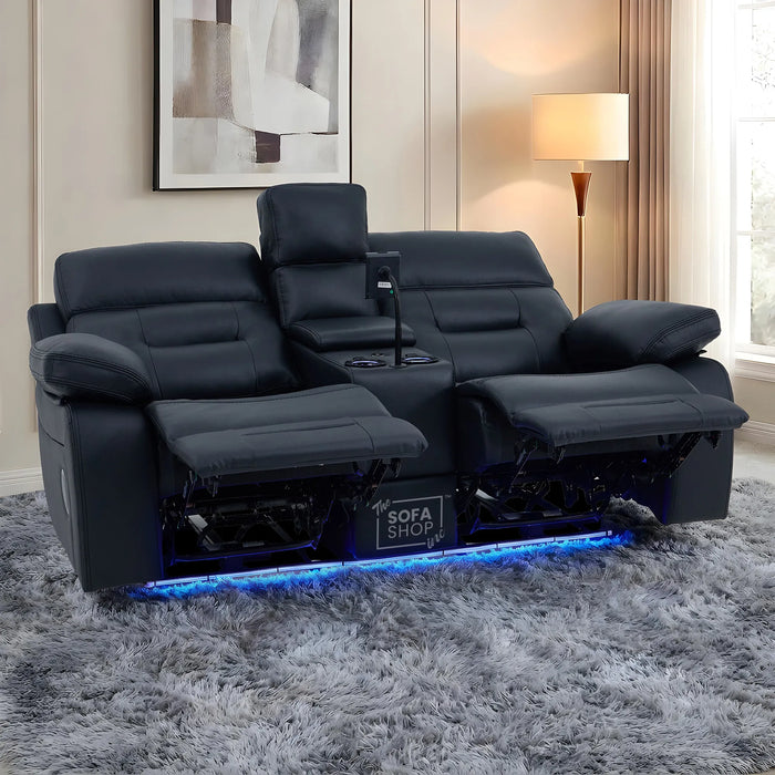 2 Seater Cinema Sofa in Black Genuine Leather | Hi-Tech Recliner Couch with Power Recline + Power Headrests + Sockets + Speakers + Cooling Cupholders | Sicily | The Sofa Shop