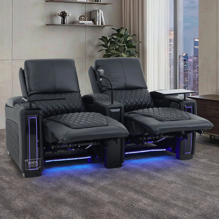 2 Seater Cinema Sofa in Black Real Leather | Electric Recliner Sofa With  Power Lumbar Support, Power Grommet, Wireless Charging, Heating & Cooling Cupholders | Assisi  | The Sofa Shop