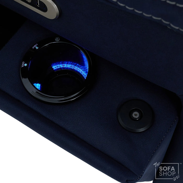 1  Seater Blue Fabric Electric Recliner Armchair with Massage, Heated Lumbar, Cooling Cupholder, LED Lights & Power Headrest | Tuscany | The Sofa Shop