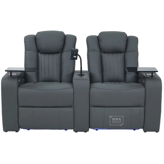 2 Seater Cinema Sofa in Grey Real Leather | Hi-Tech Console Couch with Massage & Heated Lumbar, Wireless Charging, Heat & Cool Cupholders, Bluetooth Speakers & Multi-Link | Capri | The Sofa Shop