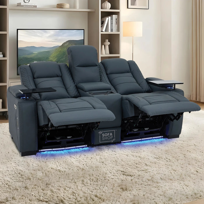 3+2 Seater Blue Real Leather Recliner Cinema Sofa | Hi-Tech Sofa Suite with Power Recline + Power Headrests + Wireless Charging + Bluetooth Speakers + Heat & Cool Cupholders | Napoli | The Sofa Shop