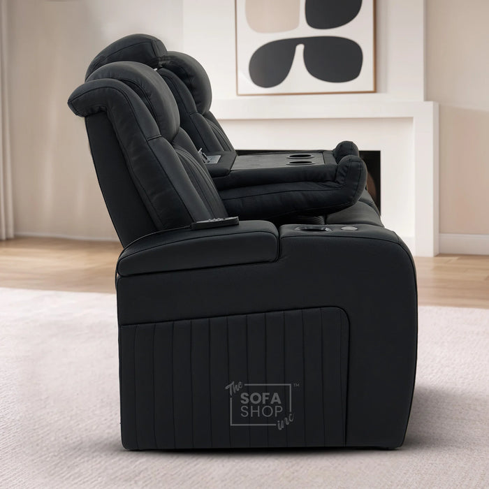 3 Seater Real Leather Cinema Recliner Sofa in Black | Electric Couch with Massage, Heating, Power Plug Sockets, Cup Holders & Reading Lamps | Capri | Sofa Shop
